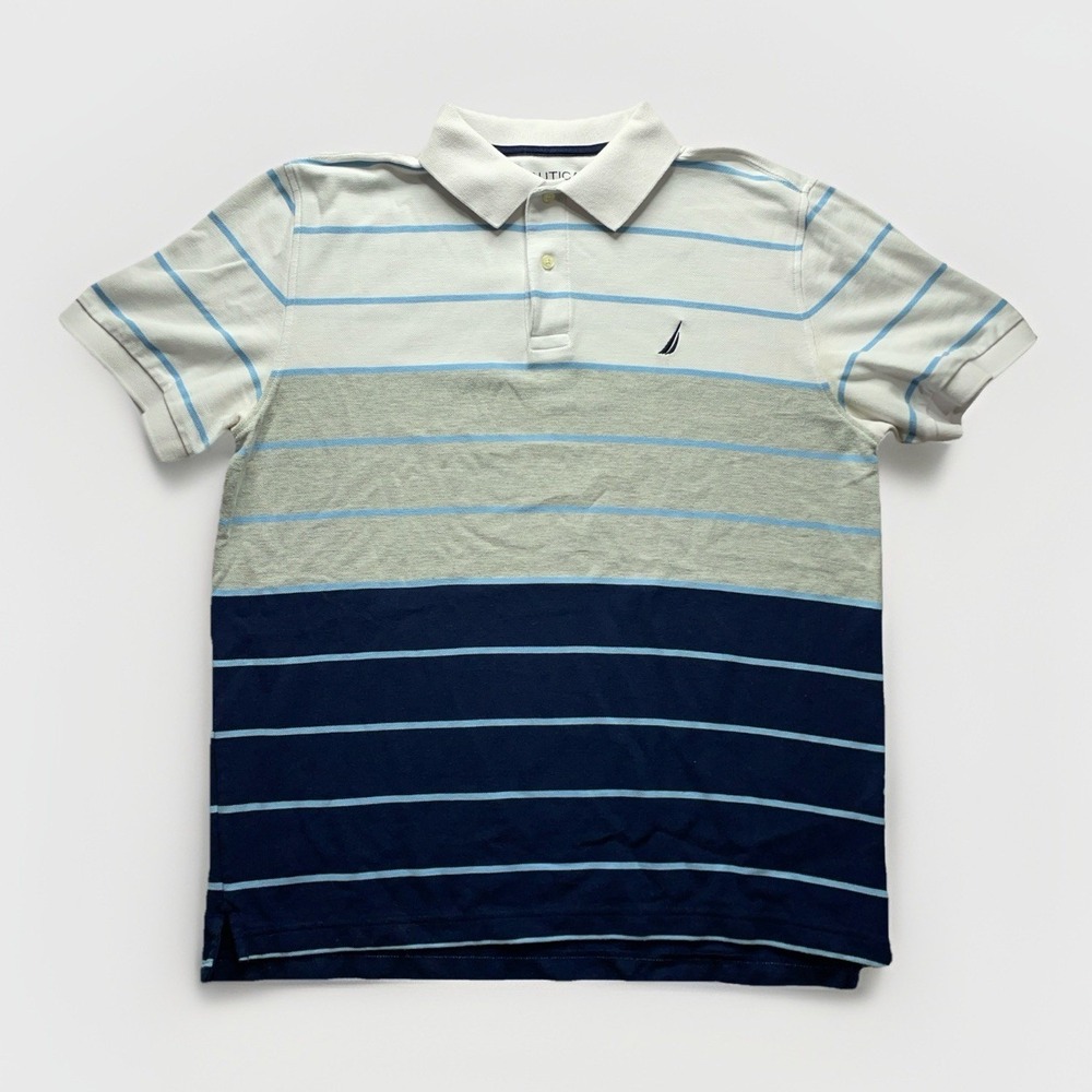 Vintage Y2K Nautica Performance Deck Polo Shirt Men's L Striped Blue Logo Preppy - Picture 1 of 11